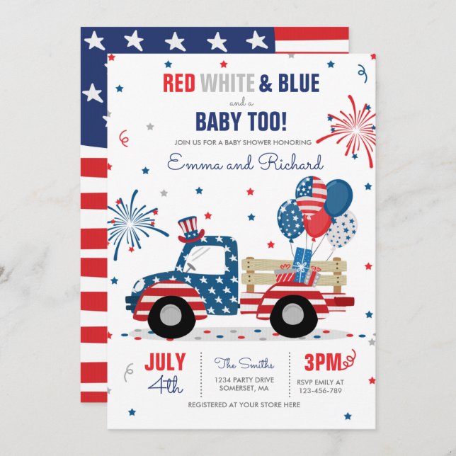 Invitation 4 juillet Baby shower Rouge Blanc Bleu Baby shower (Devant / Derrière)