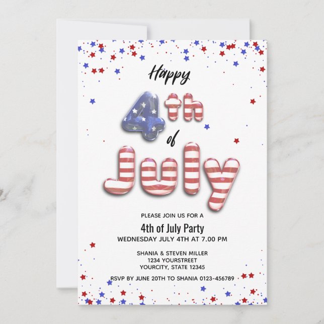 Invitation 4 juillet Balloon Stars Stripes Party (Devant)