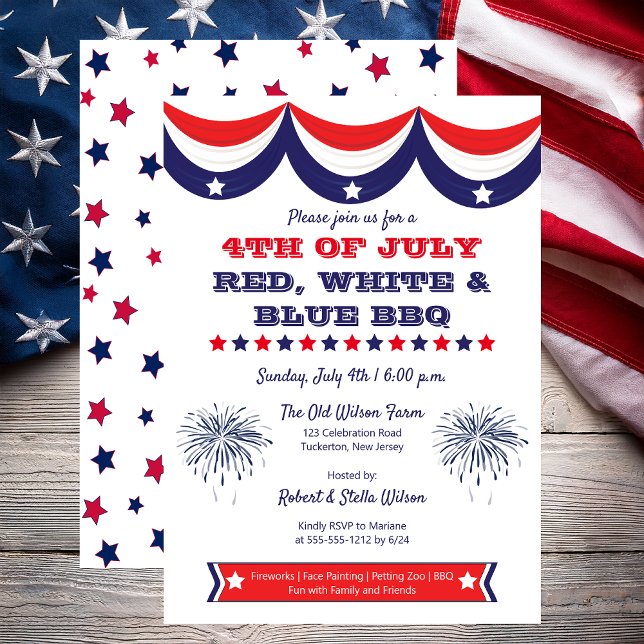 Invitation 4 juillet barbecue blanc rouge et bleu (Patriotic Bunting 4th of July Red, White and Blue BBQ Invitation - Print and/or Digital Download)