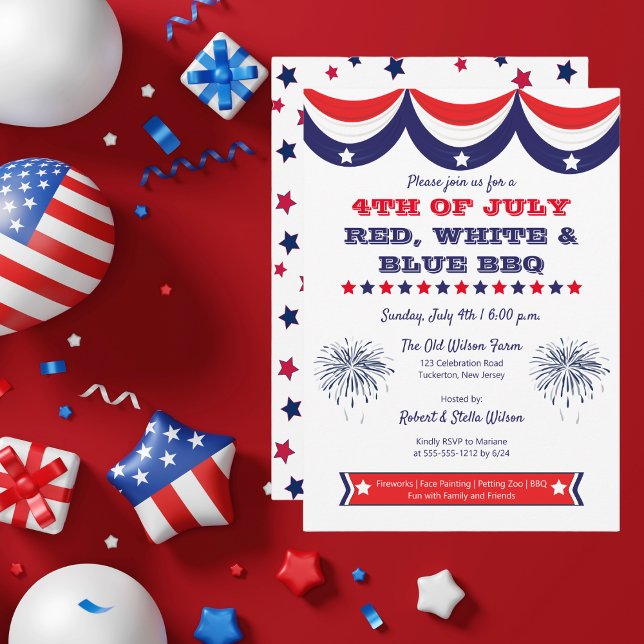 Invitation 4 juillet BBQ blanc et bleu rouge (4th of July Red, White and Blue BBQ Invitation)