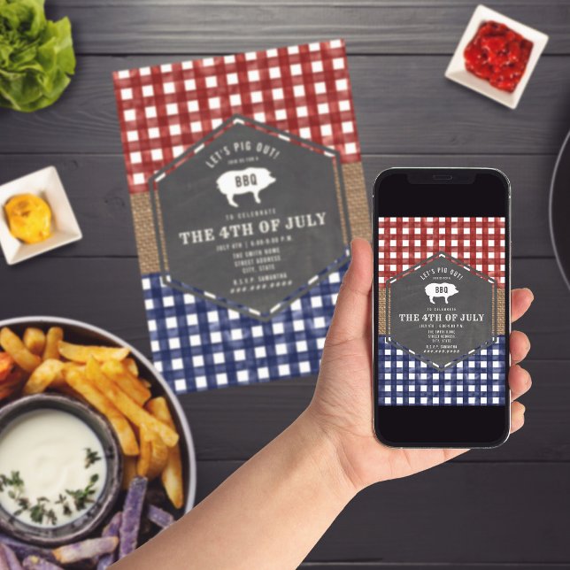 Invitation 4 juillet BBQ Cochon Rouge Blanc Bleu (Créateur téléchargé)