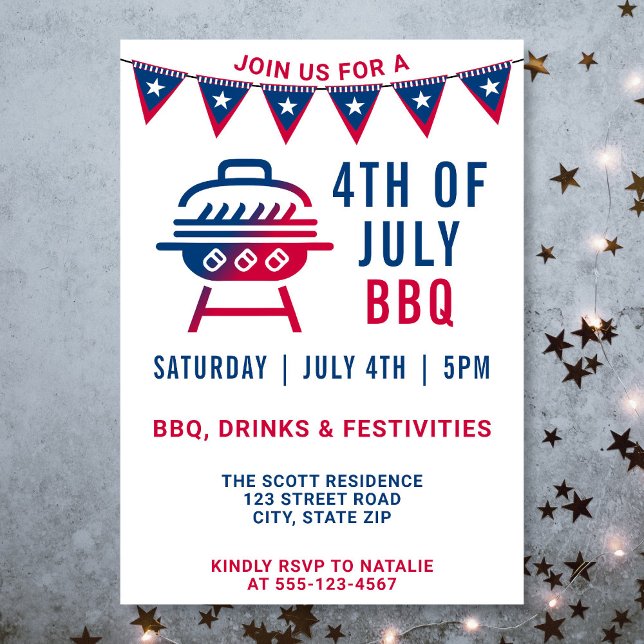 Invitation 4 juillet BBQ Moderne Gras Simple (Invitation on gray background with stars and lights. )