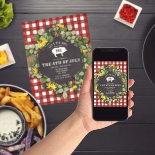 Invitation 4 juillet BBQ Pig Fleur sauvage Red En vichy Party