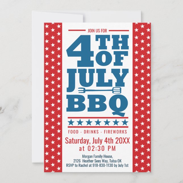 Invitation 4 juillet BBQ Red Blue White Stars Party (Devant)