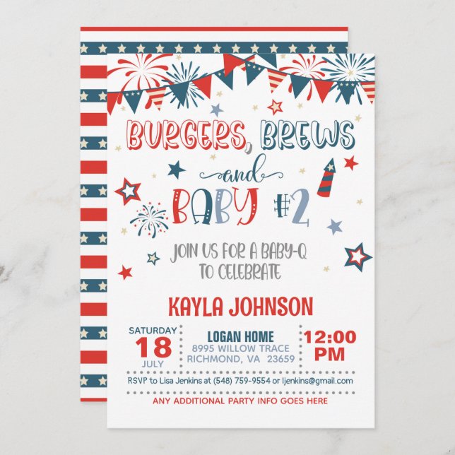 Invitation 4 juillet bébé Baby shower Q - bébé 2 (Devant / Derrière)