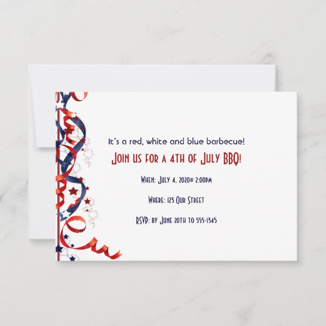 Invitation 4 juillet Bons et étoiles rouges et bleus (Devant)