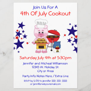 Invitation 4 juillet Cookout Funny Pig Hamburgers and Stars