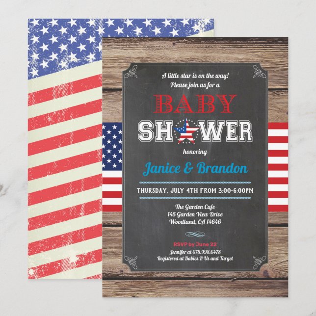 Invitation 4 juillet couples baby shower rétro chalkboard (Devant / Derrière)