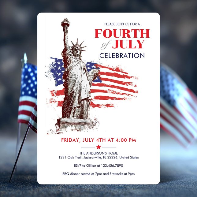 Invitation 4 juillet Etats-Unis Drapeau & Statue de la Libert (July 4th USA Flag & Statue of Liberty illustration Invitation)