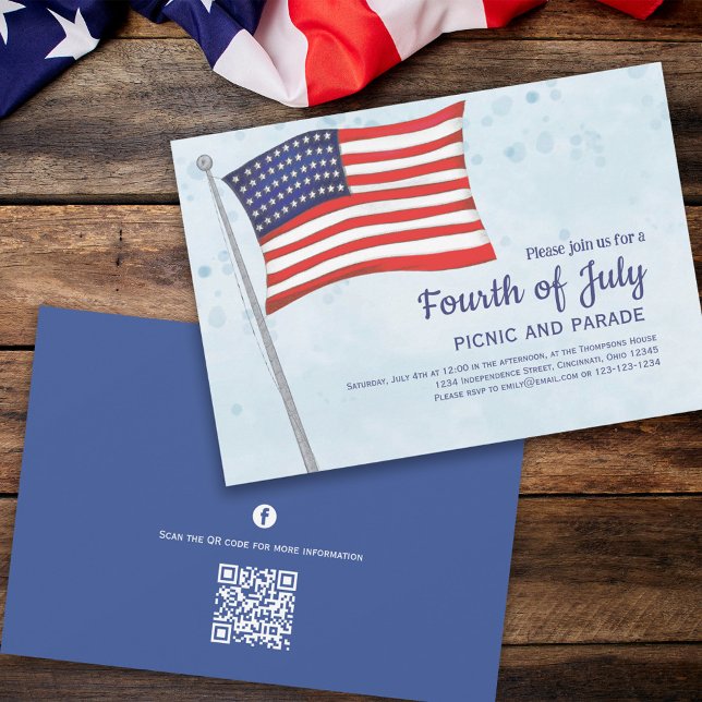 Invitation 4 juillet Été Rouge blanc et bleu Drapeau (Fourth of July party invitation with red, white, and blue flag. )