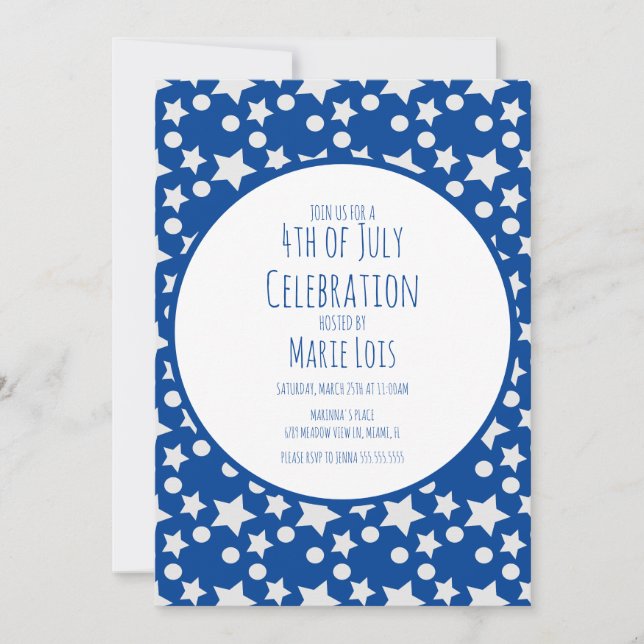 Invitation 4 juillet  Étoiles et Points Bleu Gris (Devant)