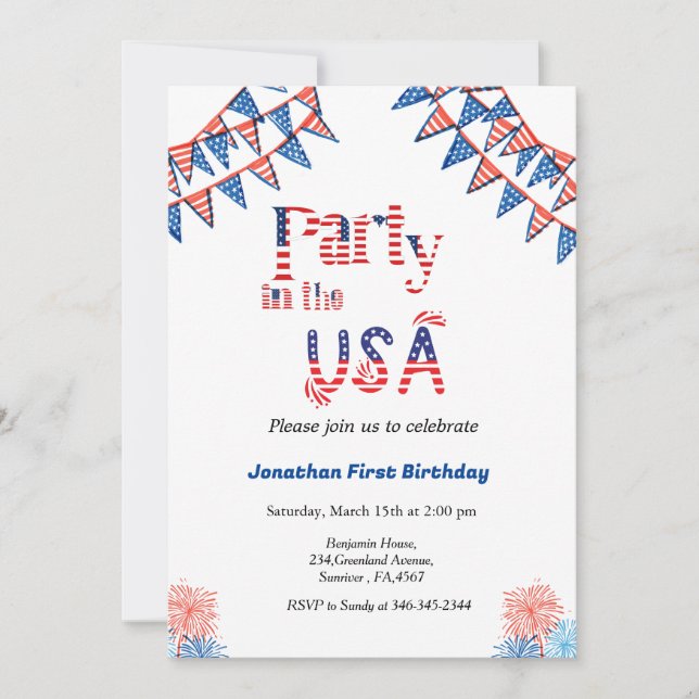 Invitation 4 juillet fête aux USA rouge blanc & bleu (Devant)