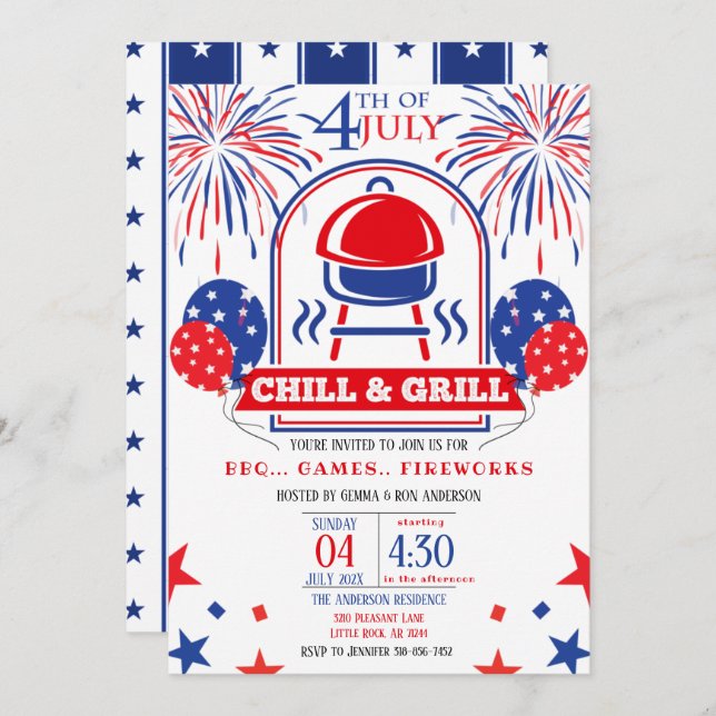 Invitation 4 juillet Fête barbecue de réfrigération et de gri (Devant / Derrière)