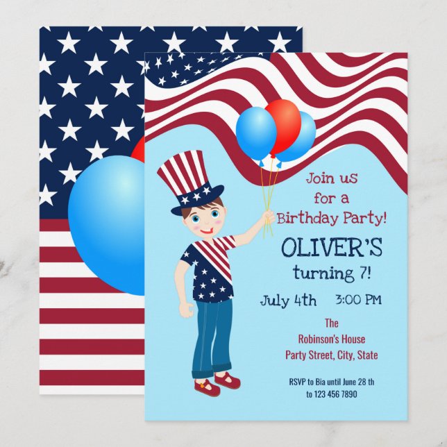 Invitation 4 juillet Fête d'anniversaire du garçon patriotiqu (Devant / Derrière)