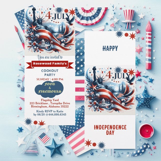 Invitation 4 juillet Feu d'artifice de cuisine Fête de cuisin (4th Of July Food Fireworks Cookout Party Red Blue Invitation)
