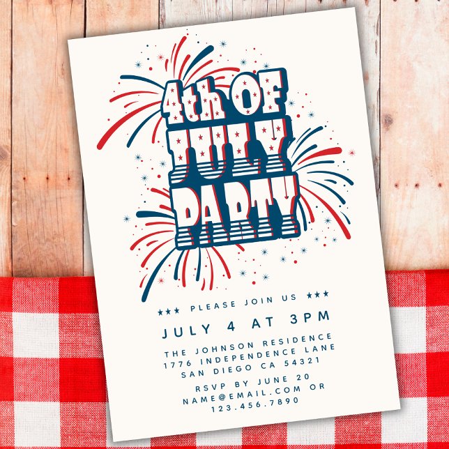 Invitation 4 juillet Feu d'artifice rouge, blanc et bleu (Créateur téléchargé)