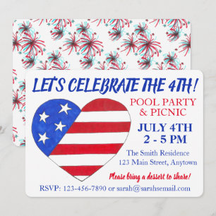 Invitation 4 juillet Flag Heart Fireworks Patriotique USA Par