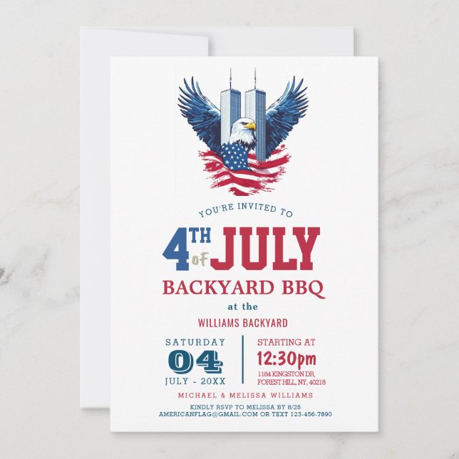 Invitation 4 juillet Jardin BBQ I Thème Deux Tours (Devant)