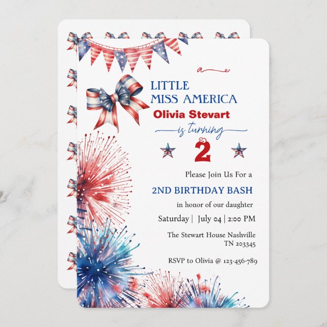 Invitation 4 juillet Little miss America 2e anniversaire (Devant / Derrière)