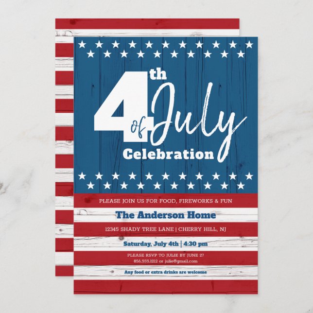 Invitation 4 juillet moderne Patriotic American Rustic Wood (Devant / Derrière)