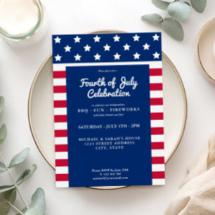 Invitation 4 juillet moderne rouge blanc et bleu