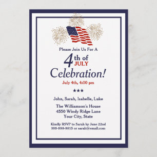 Invitation 4 juillet Party USA Drapeau Gold Fireworks Classic