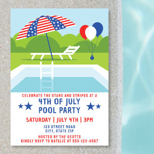 Invitation 4 juillet Piscine Fête Étoiles Et Grilles Modernes