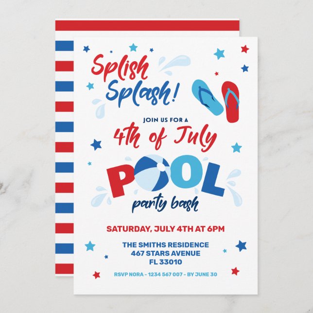 Invitation 4 juillet Pool Party (Devant / Derrière)