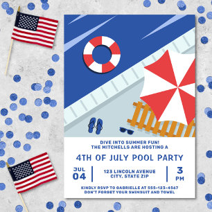 Invitation 4 juillet Pool Party Rouge Blanc & Bleu