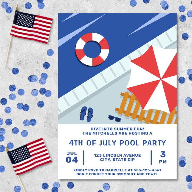 Invitation 4 juillet Pool Party Rouge Blanc & Bleu (Fourth of July pool party invitation)