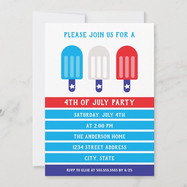 Invitation 4 juillet Popsicle rouge blanc bleu (Devant)