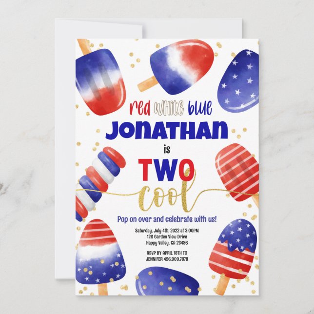 Invitation 4 juillet Popsicles Deux Cool Enfant 2e anniversai (Devant)