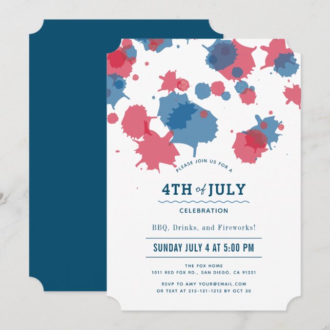 Invitation 4 juillet Red & Blue Splatz Party (Devant / Derrière)