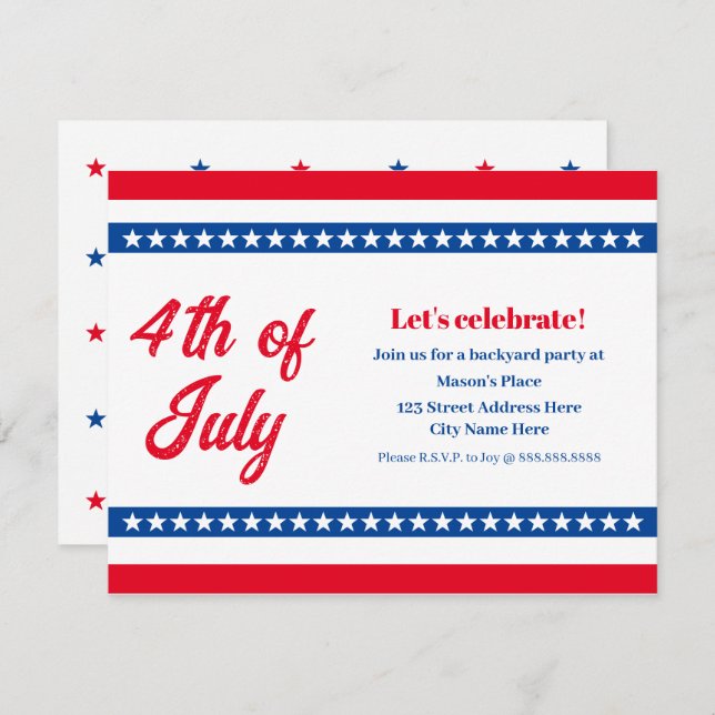 Invitation 4 juillet Red White et Blue Stars et Stripes (Devant / Derrière)