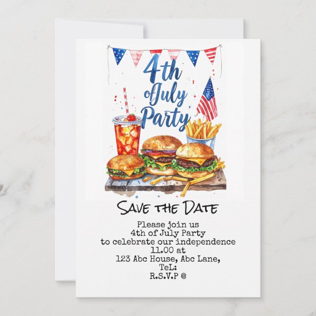 Invitation 4 juillet, réservez la date, fête de l'Indépendanc (Devant)