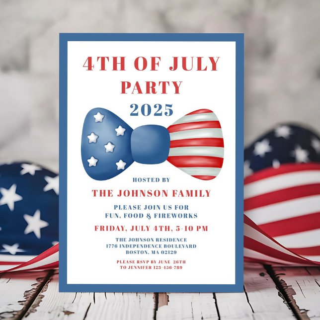 Invitation 4 juillet Rouge, Blanc Et Bleu (Cute Red, White And Blue Bow 4th Of July Invitation)