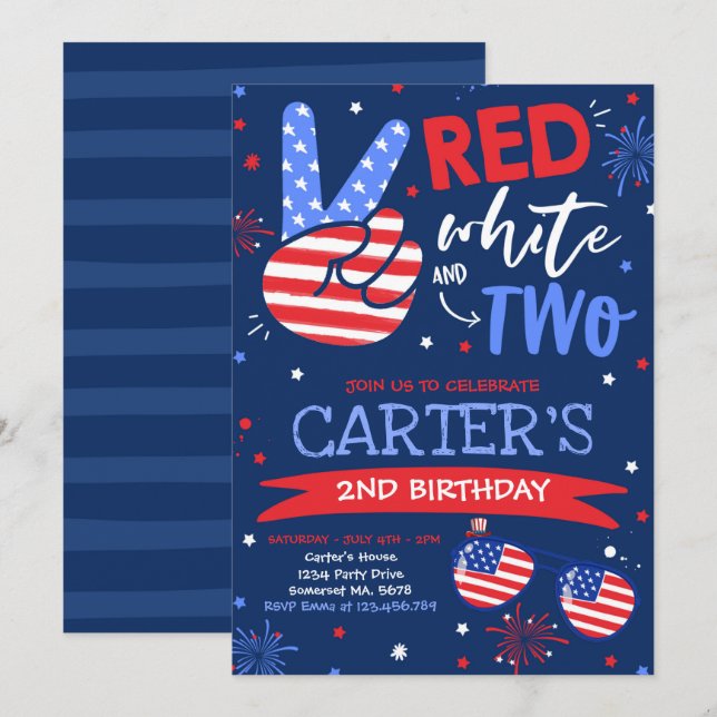 Invitation 4 juillet Rouge Blanc Et Bleu 2e Anniversaire (Devant / Derrière)