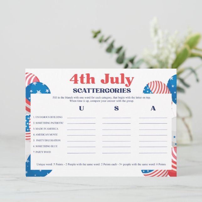 Invitation 4 juillet Scattergories Game Card (Debout devant)