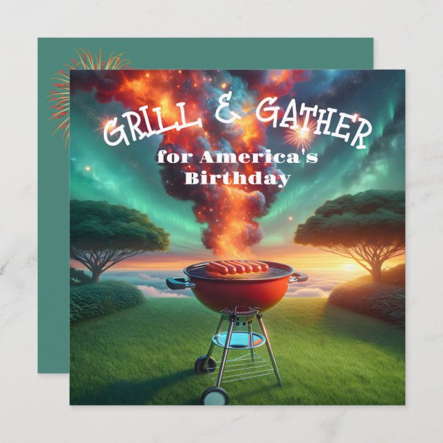 Invitation 4 juillet soirée barbecue avec grill et feux d'art (Devant / Derrière)