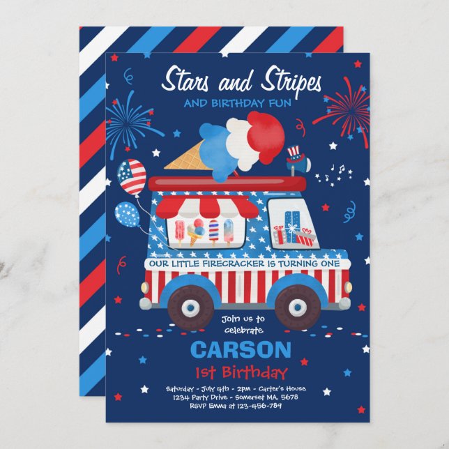 Invitation 4 juillet Stars Stripes Glace Truck Anniversaire (Devant / Derrière)