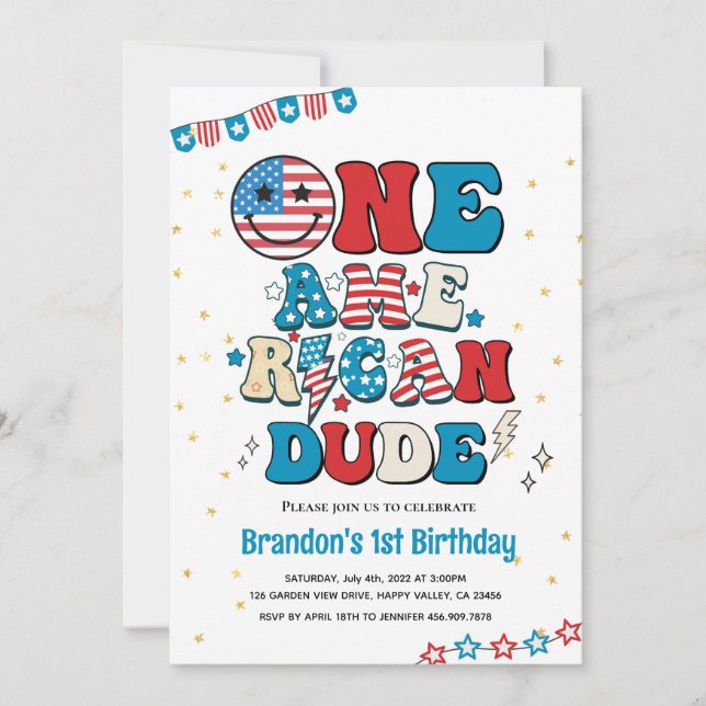 Invitation 4 juillet Un Américain Dude Boy 1er Anniversaire (Devant)