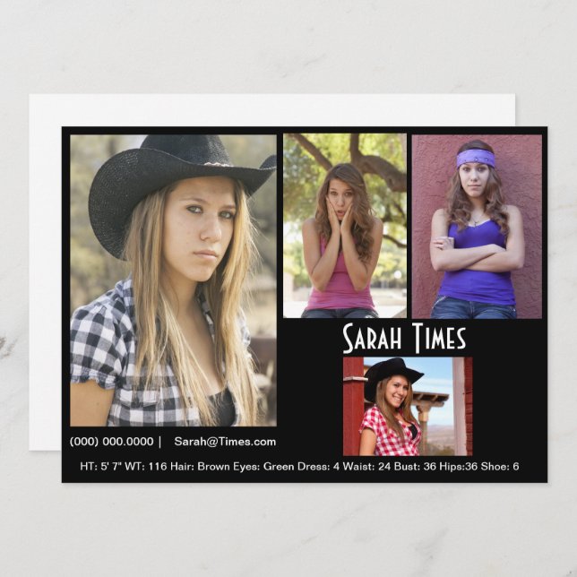 Invitation 4 Modèle photo Acteur Comp Card Modèle noir (Devant / Derrière)