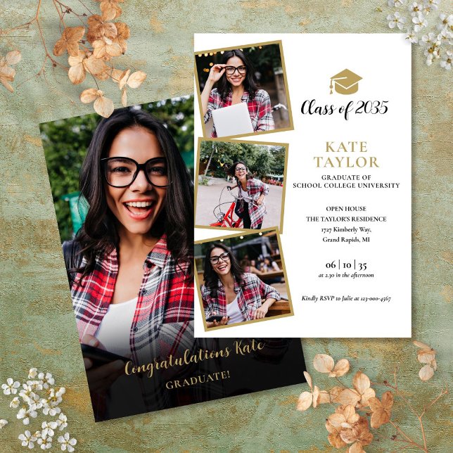 Invitation 4 Photo Black And Gold Graduation Party (4 Photo Black And Gold Graduation Party Invitation)