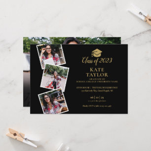 Invitation 4 Photo Collage Black And Gold Graduation Party