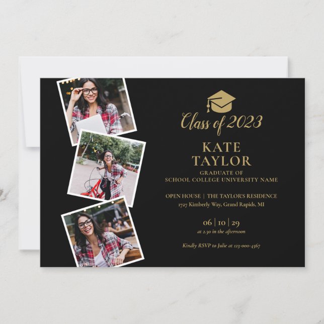 Invitation 4 Photo Collage Black And Gold Graduation Party in (Devant)