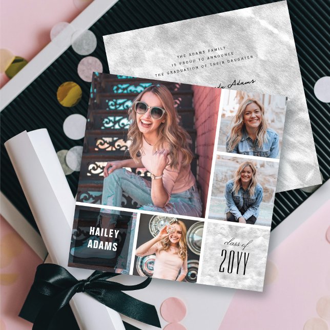 Invitation 4 Photo Collage Carré Foil Chic Graduation Card (4 Photo Collage Silver Foil Squares Chic Graduation Announcement Card @ zazzle.com/color_therapy)