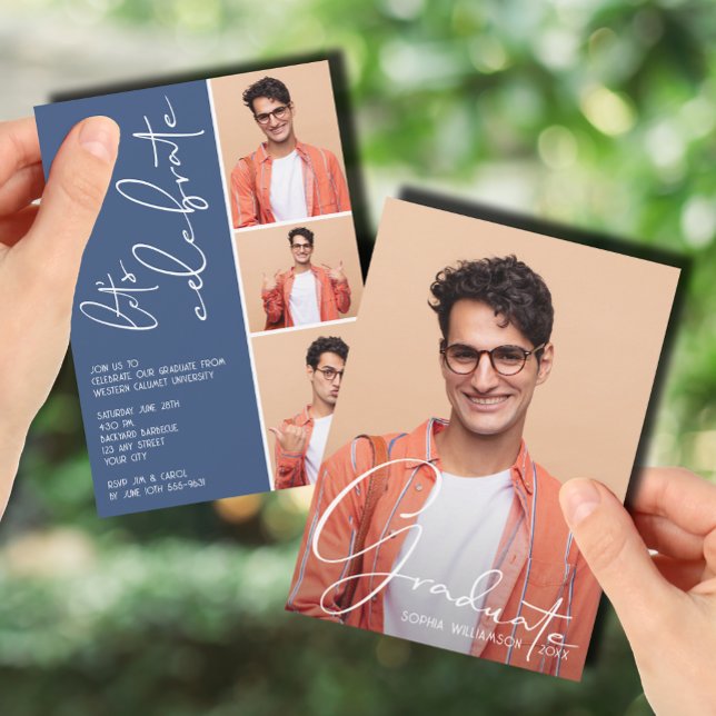 Invitation 4 Photo Collage Graduation Bleu (4 Photo Collage Graduation Blue Invitations)