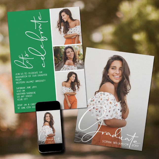Invitation 4 Photo Collage Graduation Green (Green graduation party invitations with your favorite photos.)