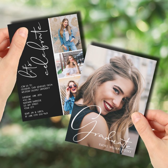 Invitation 4 Photo Collage Graduation Noir (4 Photo Collage Graduation Black Invitation)