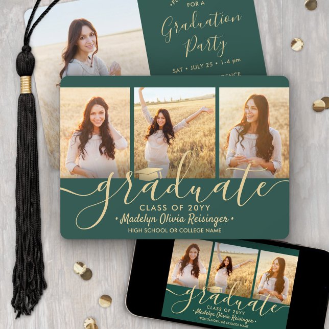 Invitation 4 Photo Collage Script Green Gold Graduation Party (Créateur téléchargé)